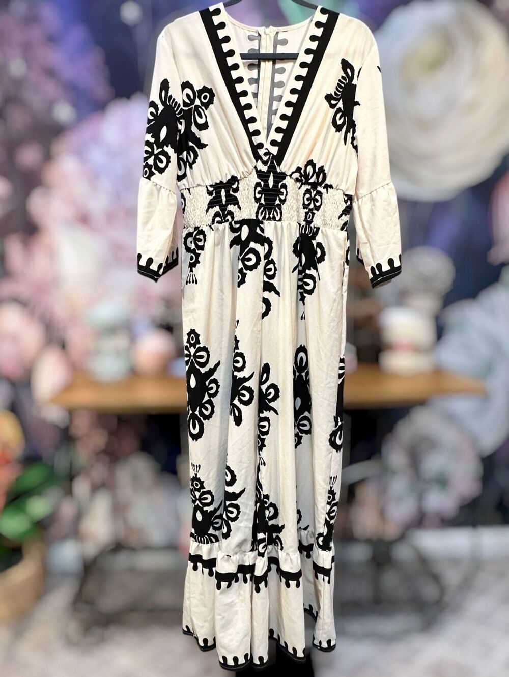 Wide Leg Jumpsuit Smocked Waist 3/4 Sleeve Cream Medallion V Neck Boho Festival